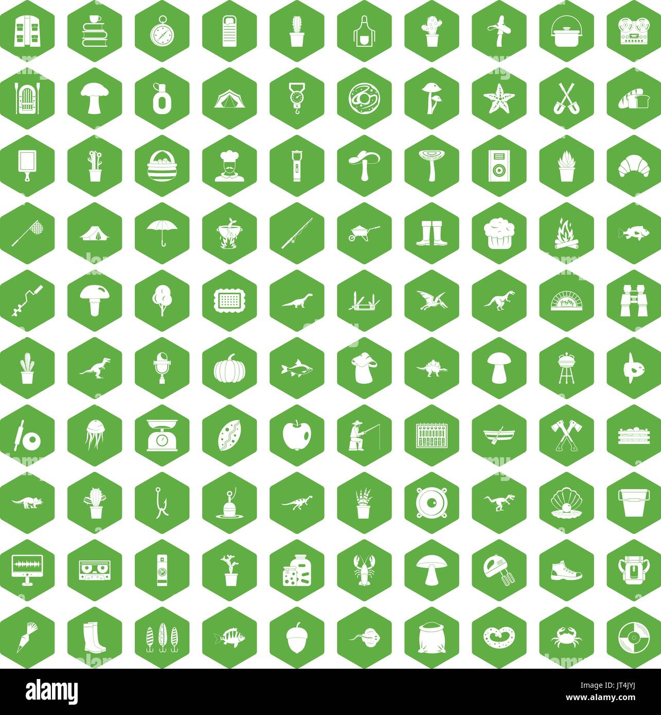 100 hobby icons hexagon green Stock Vector
