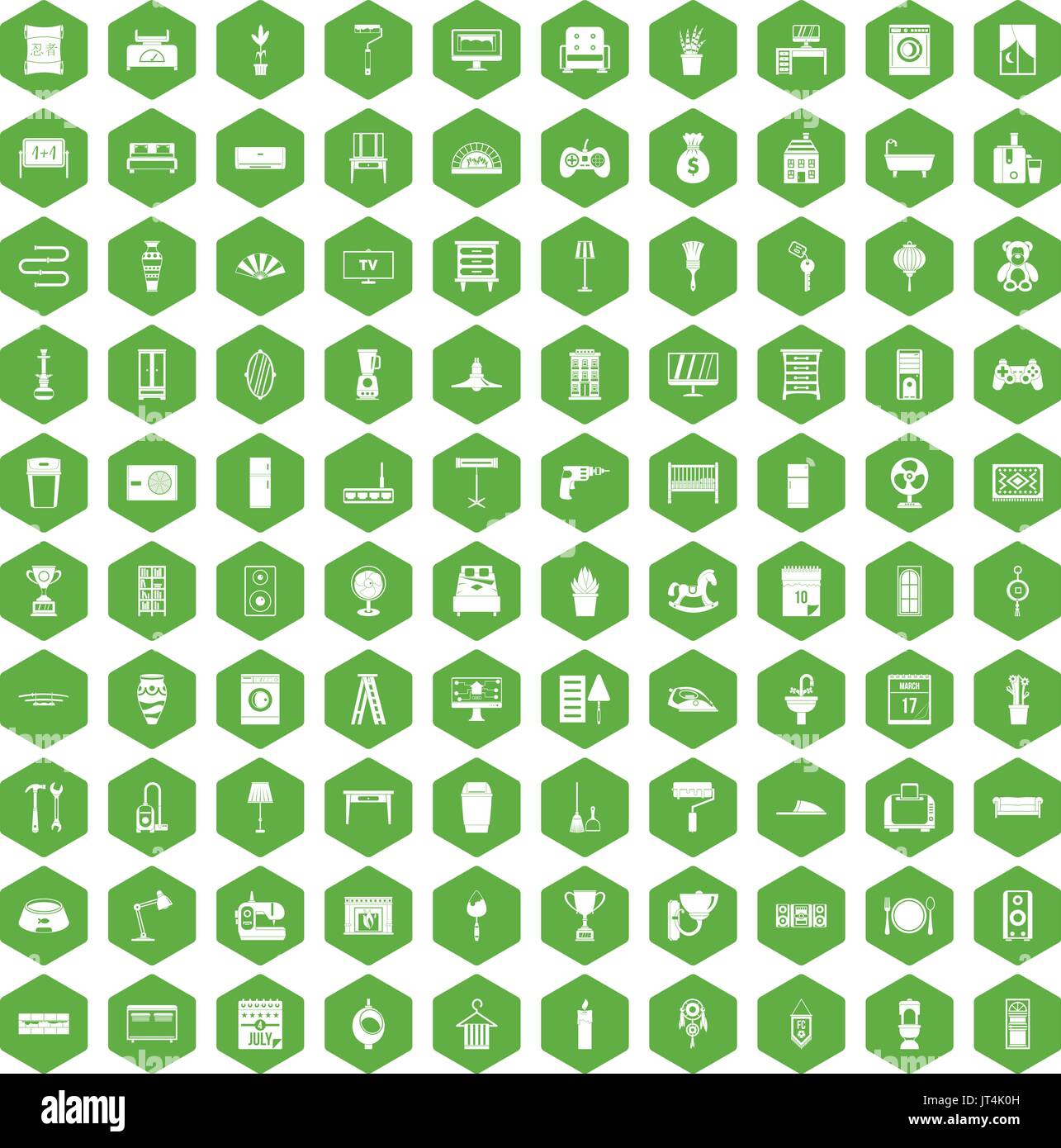 100 home icons hexagon green Stock Vector