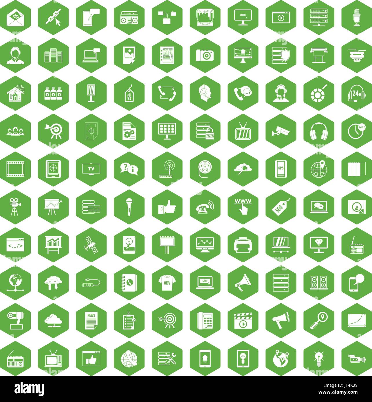 100 information technology icons hexagon green Stock Vector