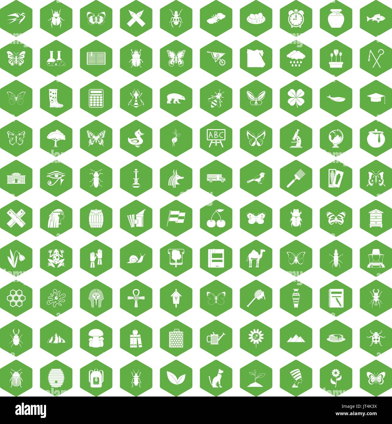 100 insects icons hexagon green Stock Vector