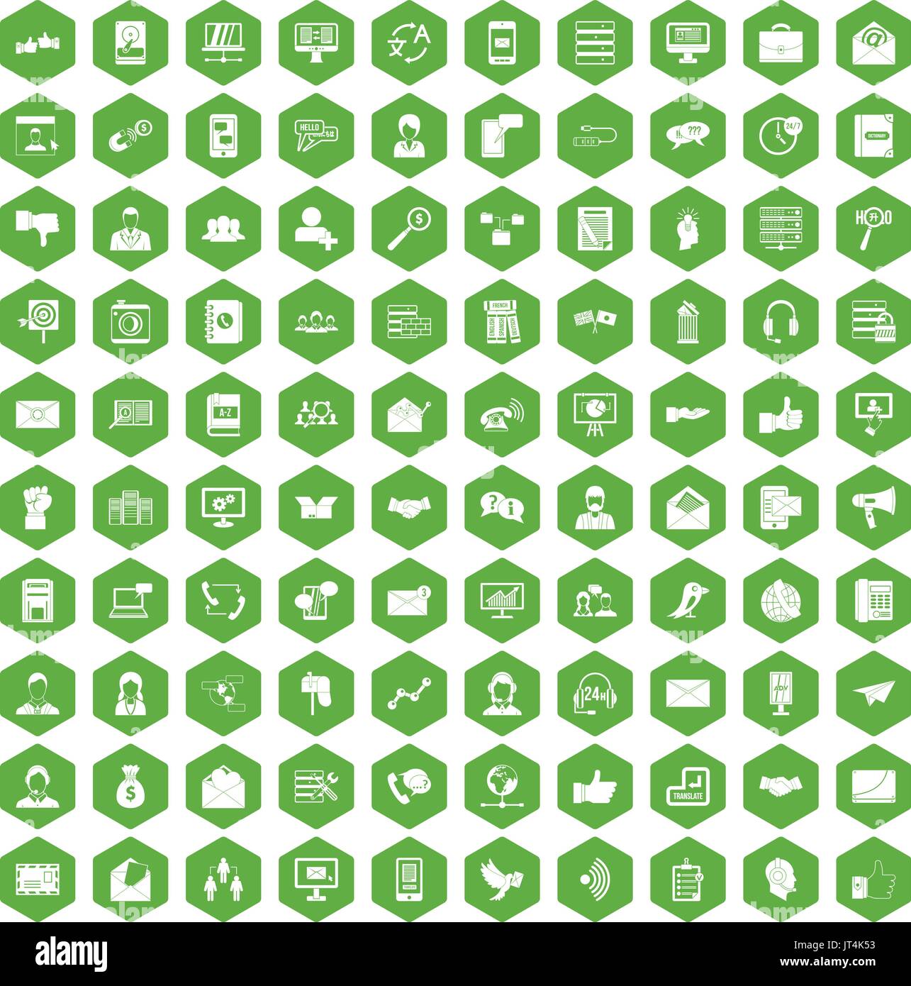 100 interaction icons hexagon green Stock Vector