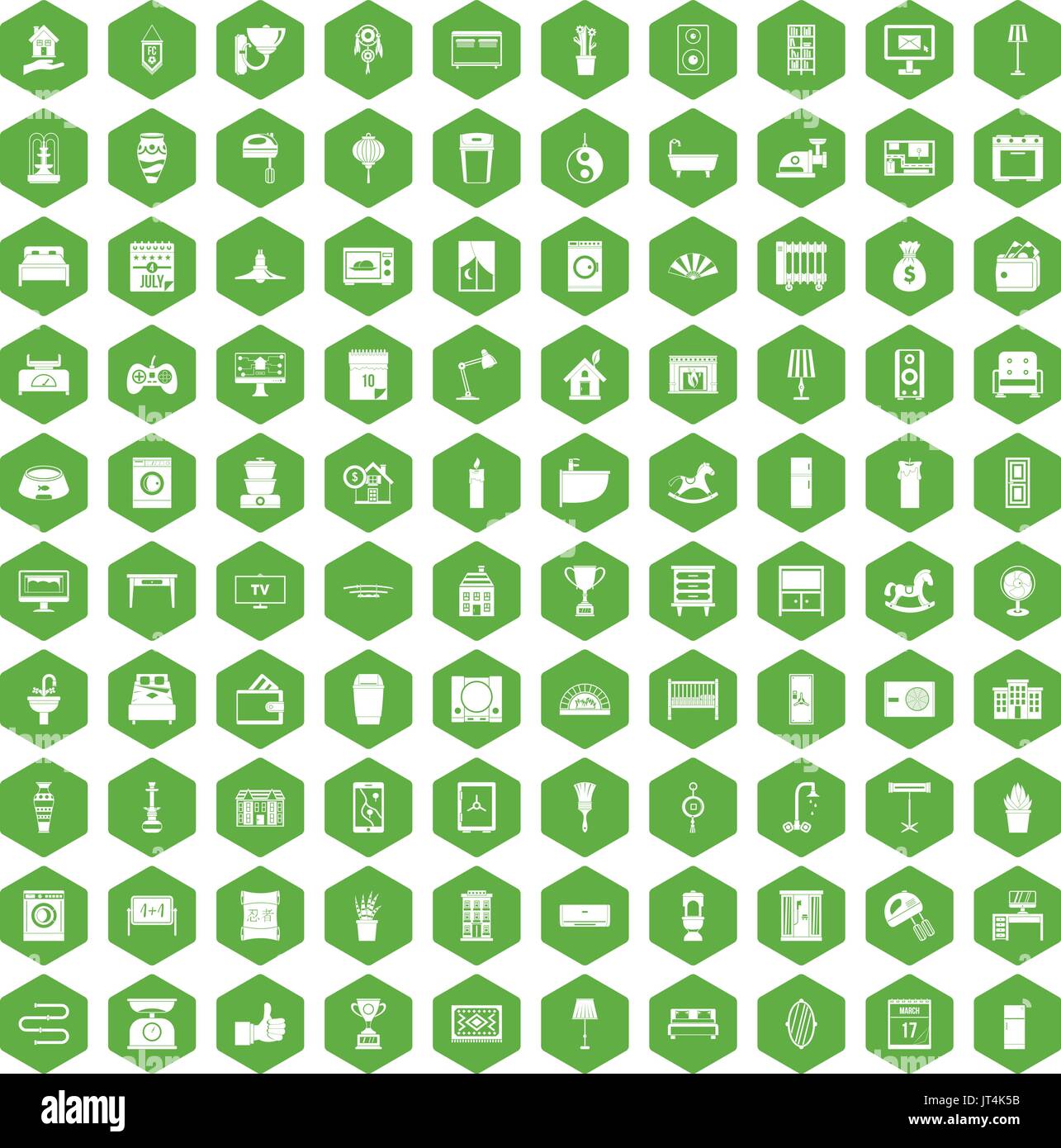100 interior icons hexagon green Stock Vector