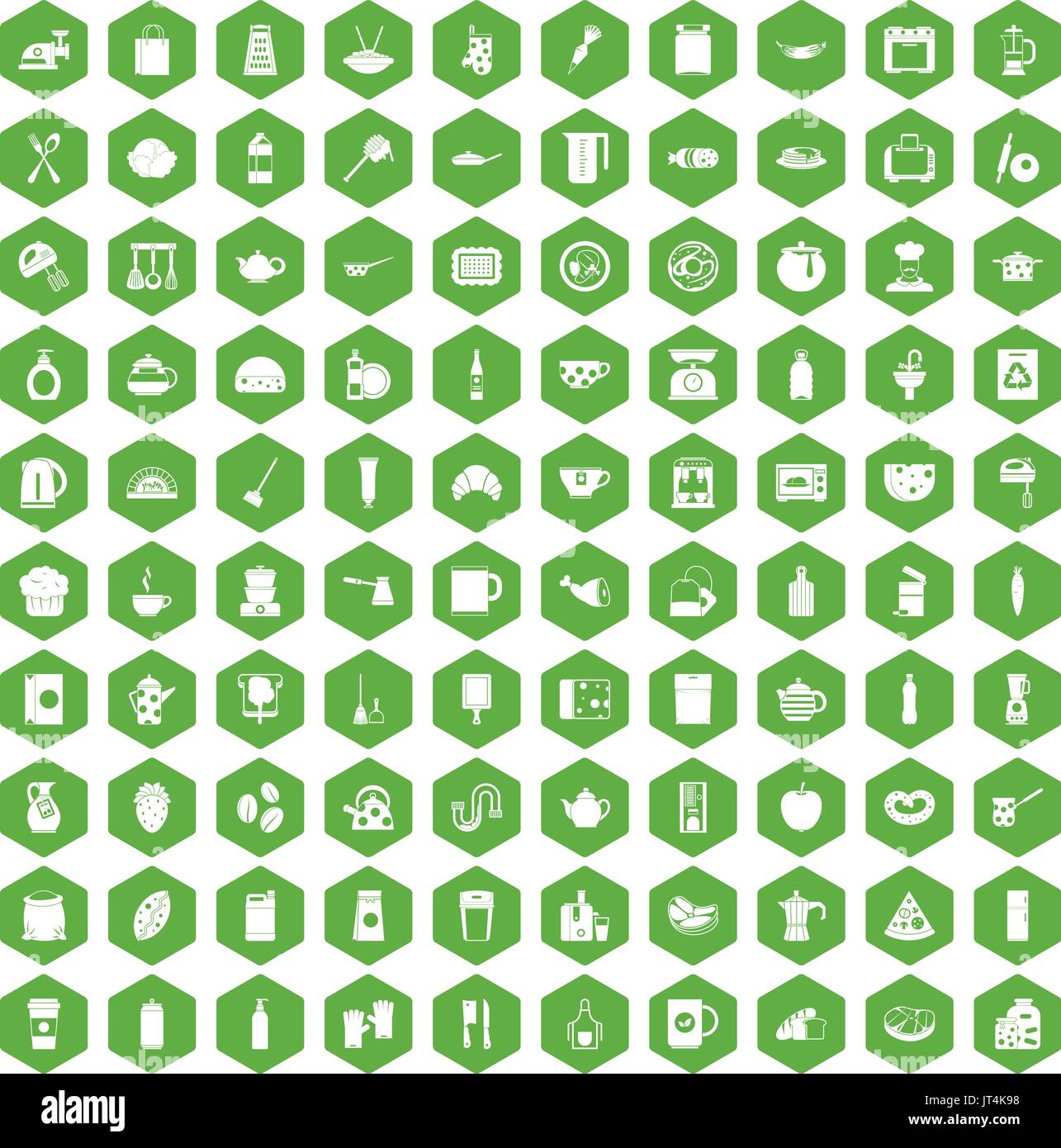 100 kitchen icons hexagon green Stock Vector