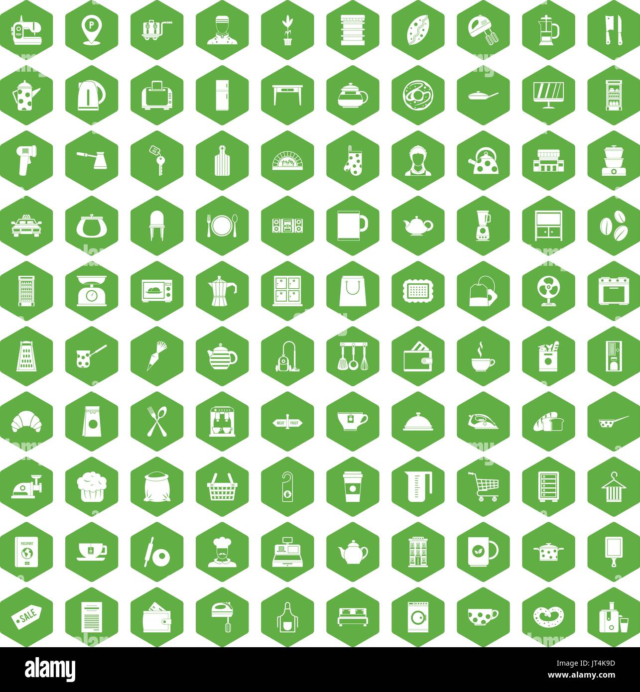 100 kitchen utensils icons hexagon green Stock Vector