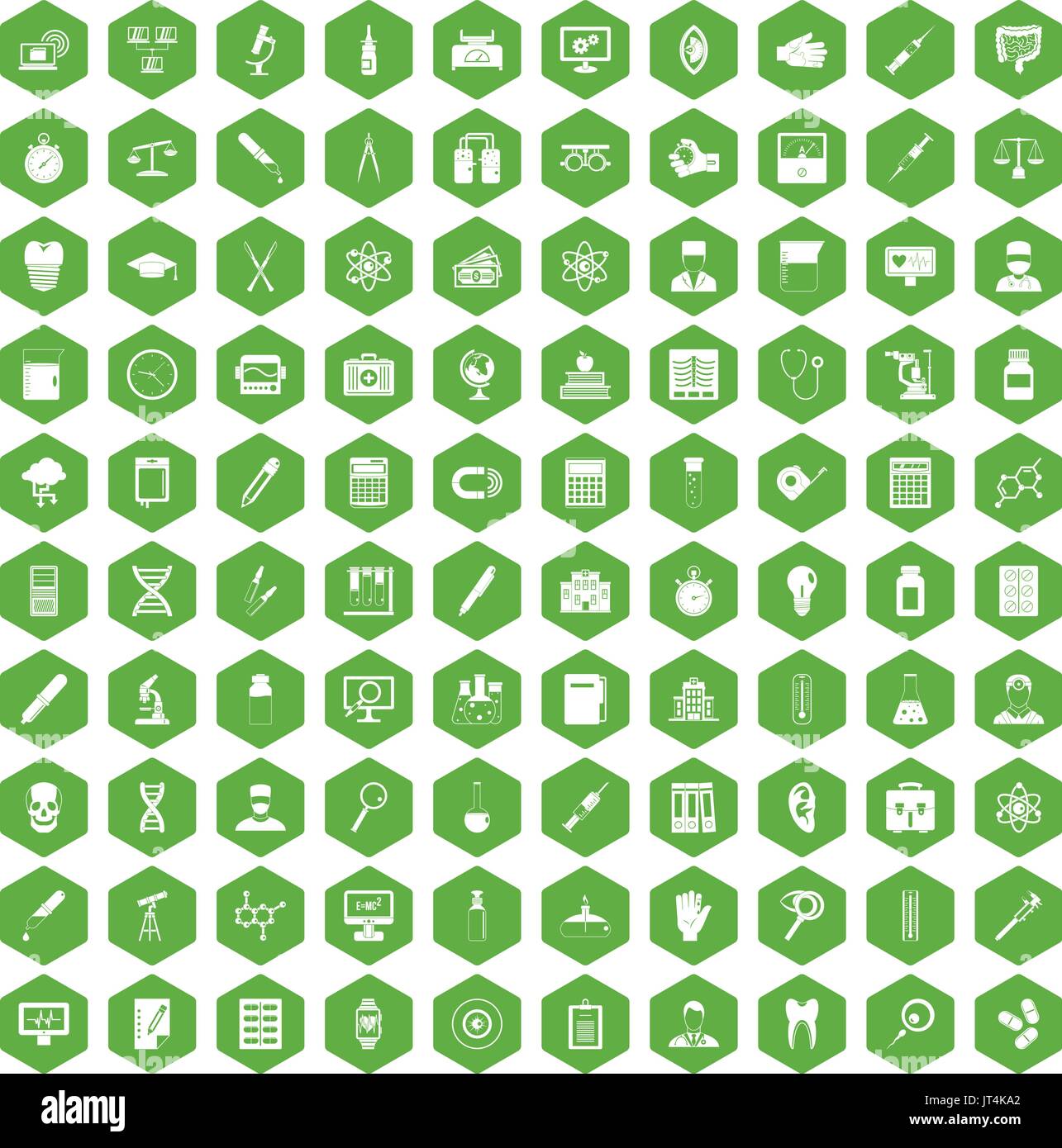 100 lab icons hexagon green Stock Vector