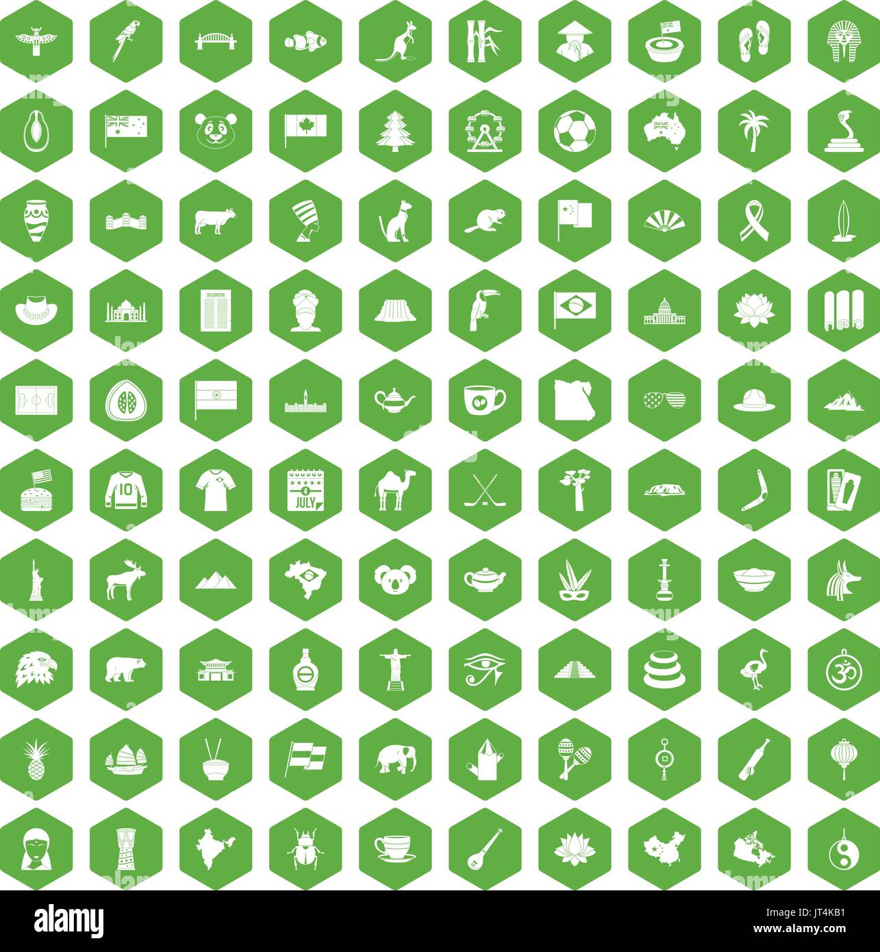 100 landmarks icons hexagon green Stock Vector