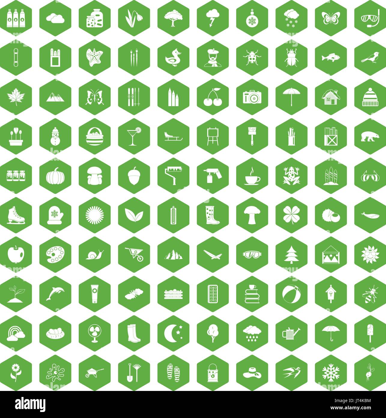 100 landscape icons hexagon green Stock Vector