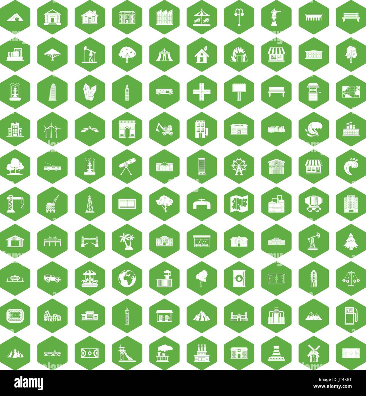 100 landscape element icons hexagon green Stock Vector