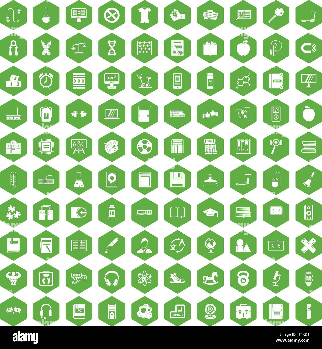 100 learning kids icons hexagon green Stock Vector