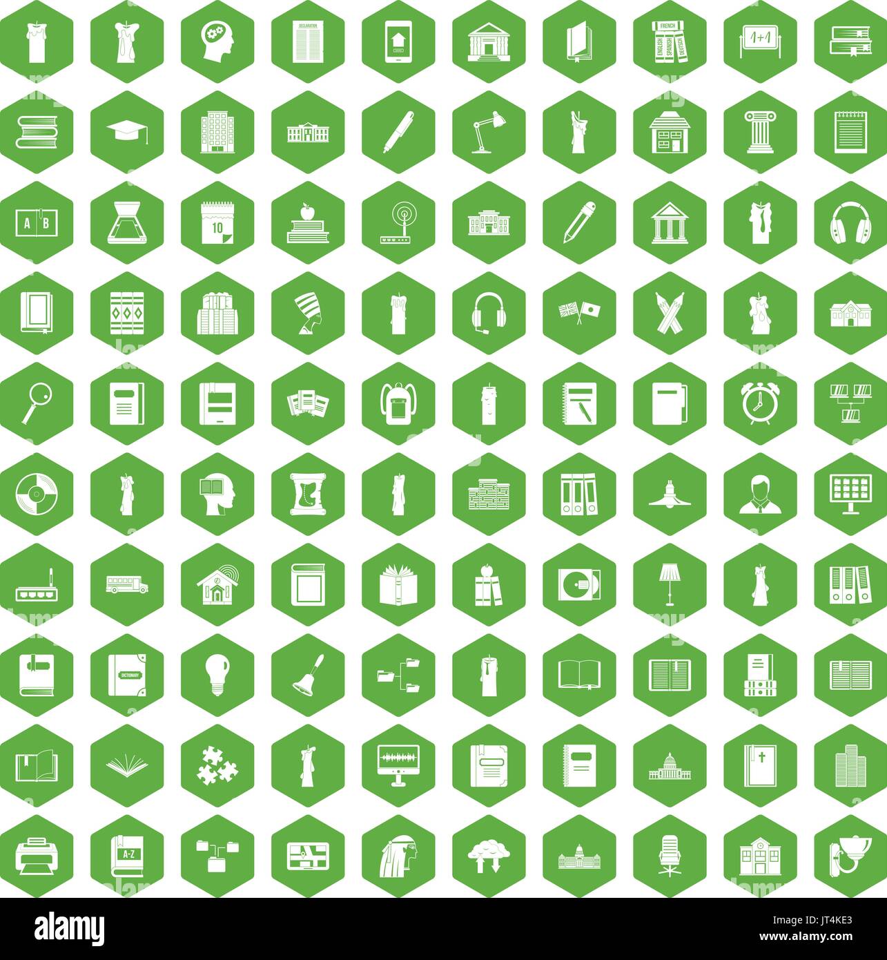 100 library icons hexagon green Stock Vector