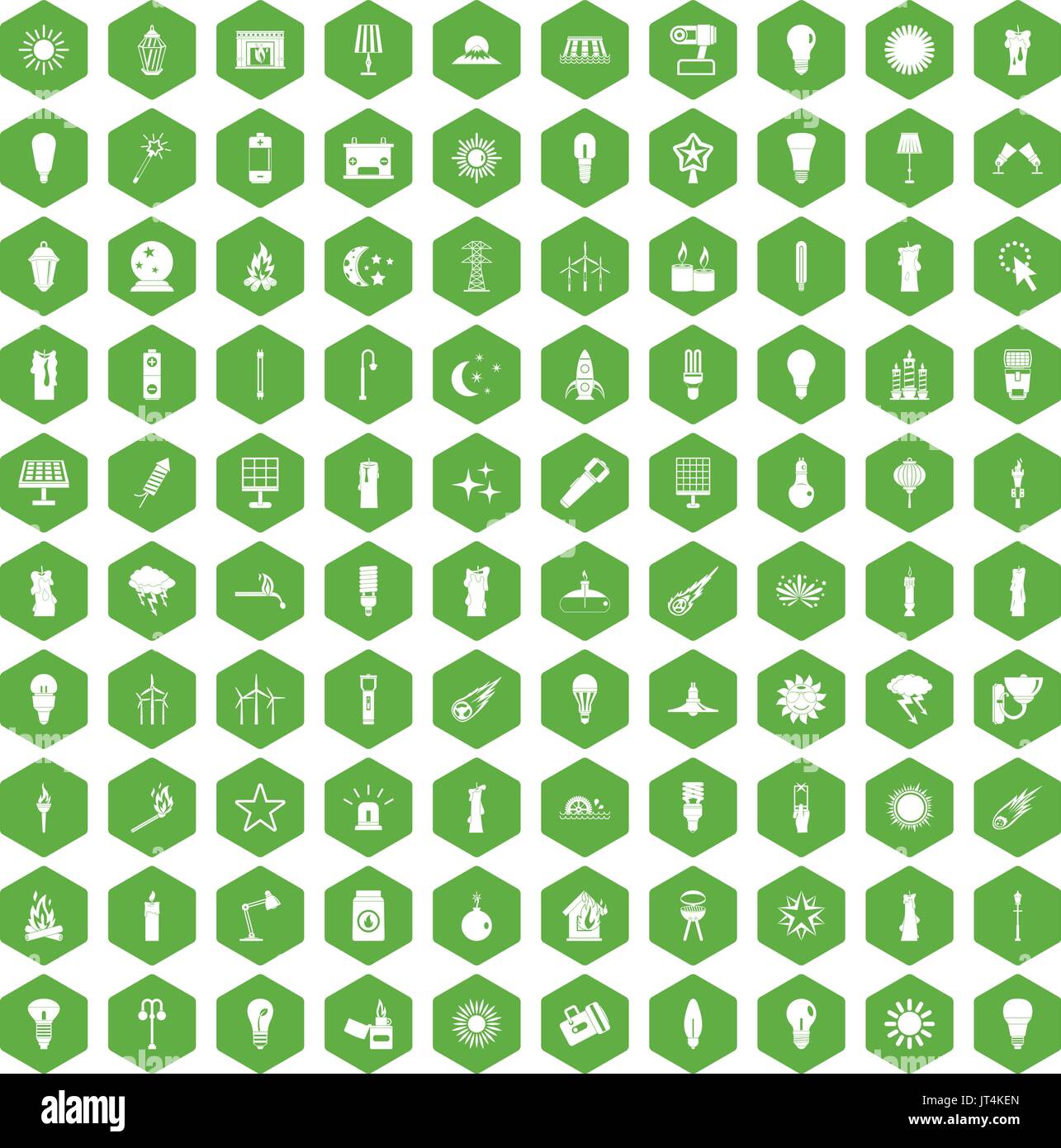 100 light source icons hexagon green Stock Vector