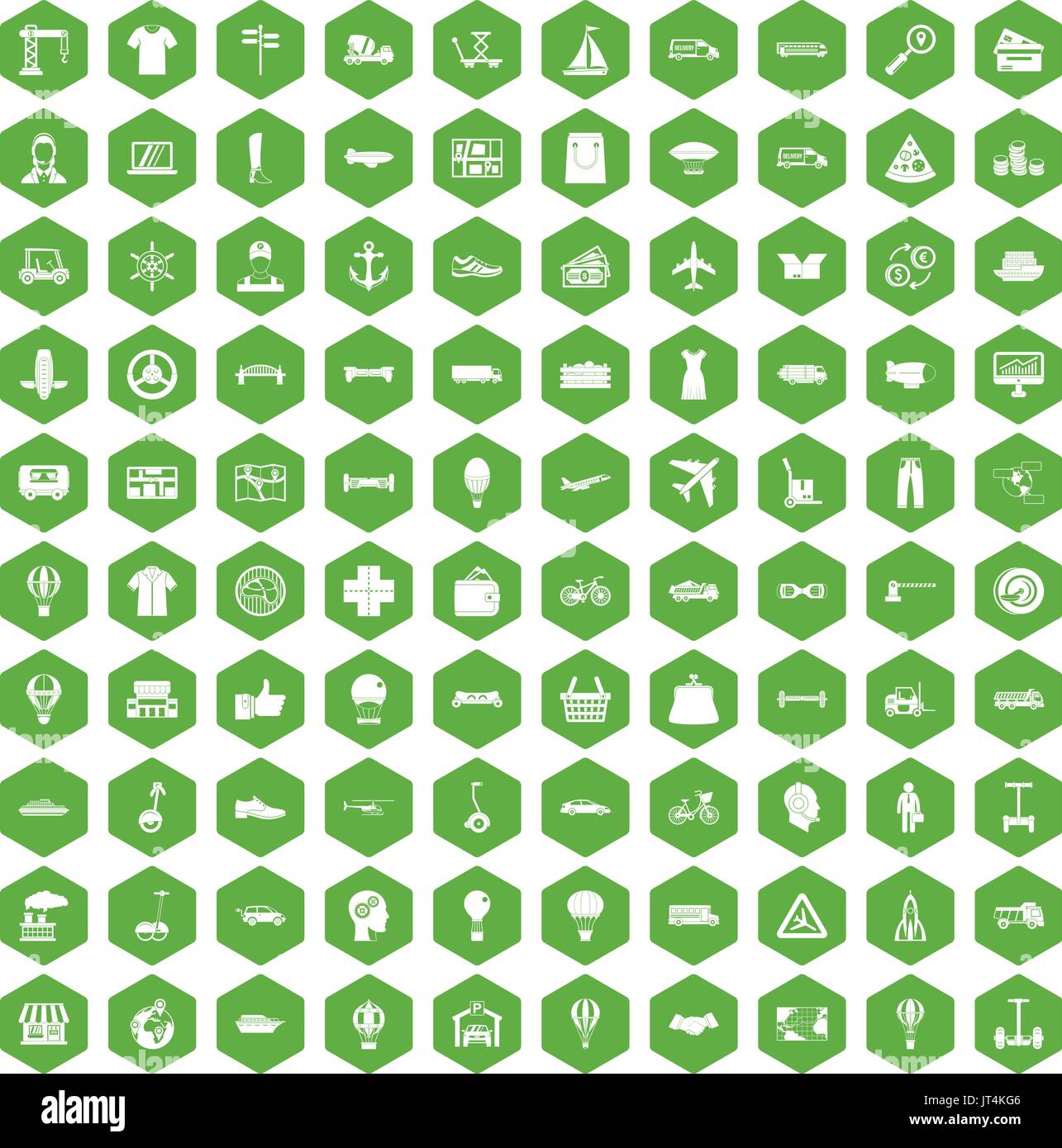 100 logistics icons hexagon green Stock Vector