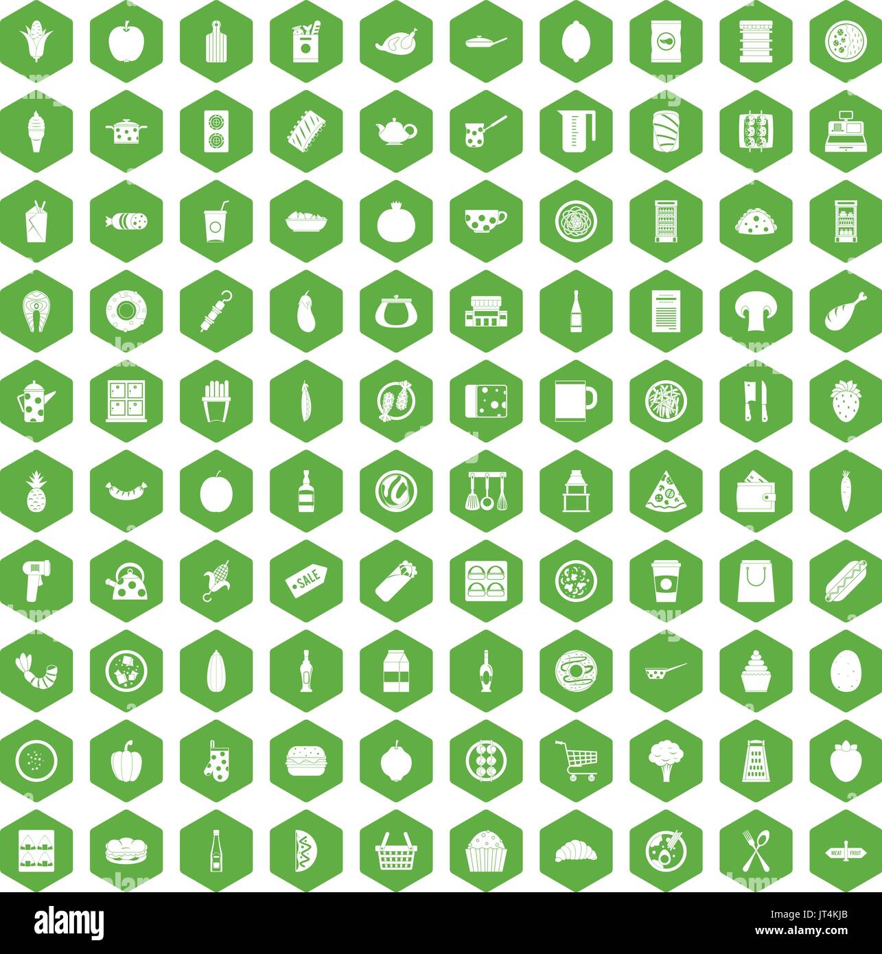 100 lunch icons hexagon green Stock Vector