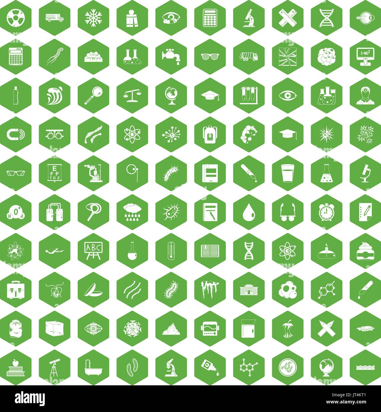 100 microscope icons hexagon green Stock Vector
