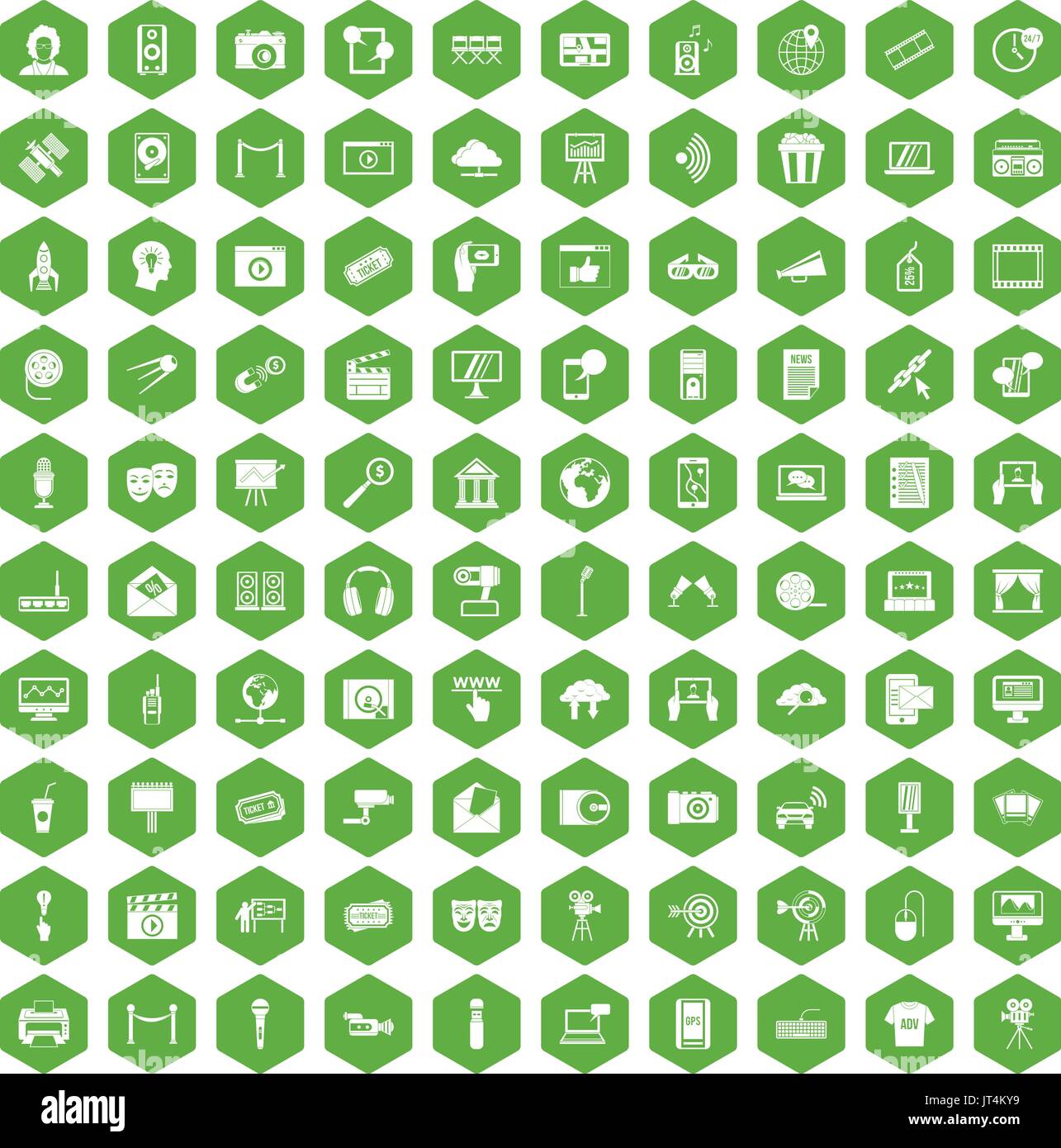 100 multimedia icons hexagon green Stock Vector