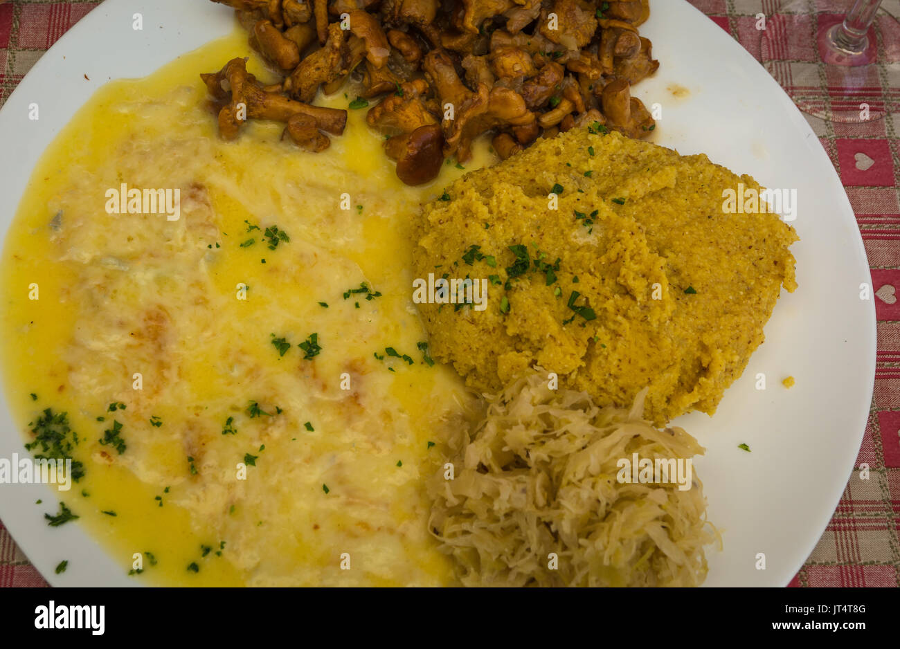 Typical plate cooked in the mountains with polenta, mushrooms and melted cheese. Trentino Alto Adige, Italy Stock Photo
