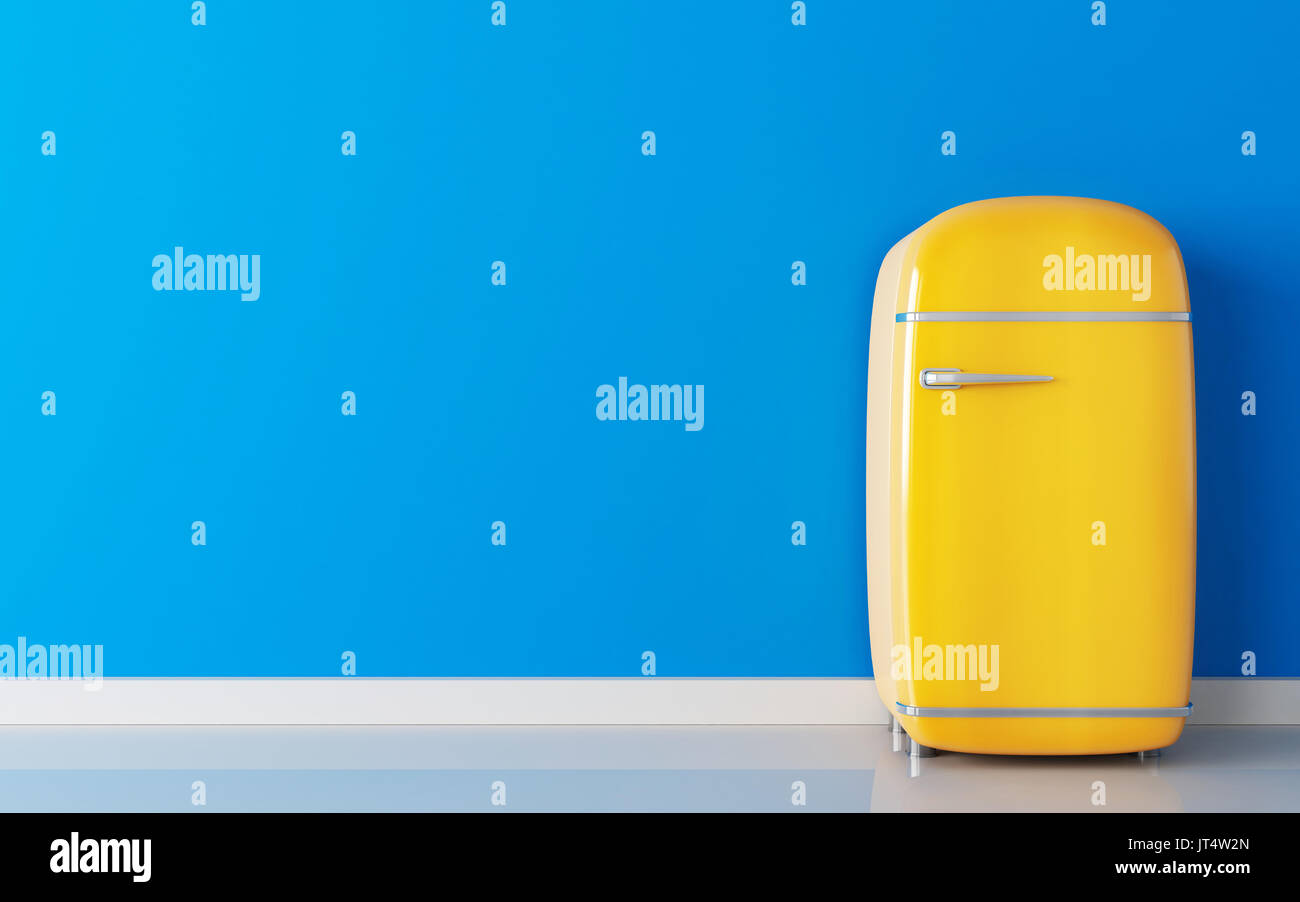 Old yellow fridge and blue wall. 3d illustration Stock Photo Alamy
