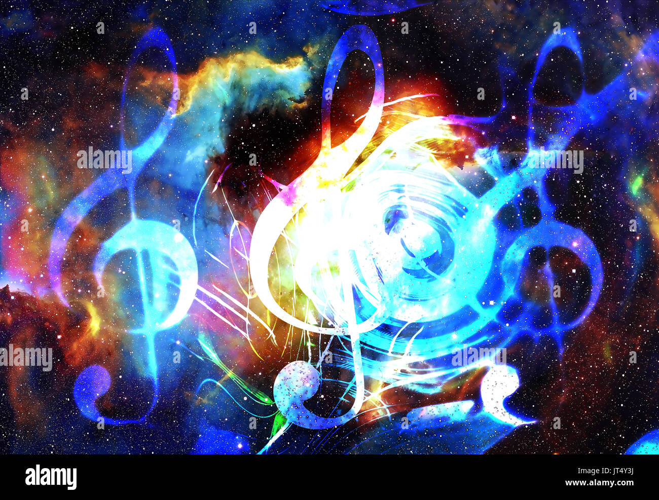 Music notes and clef in space with stars. abstract color background ...