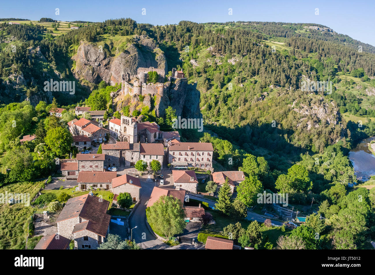 France, Haute-Loire, Loire valley, Arlempdes, labelled Les Plus Beaux Villages de France (The Most beautiful Villages of France) (aerial view) Stock Photo