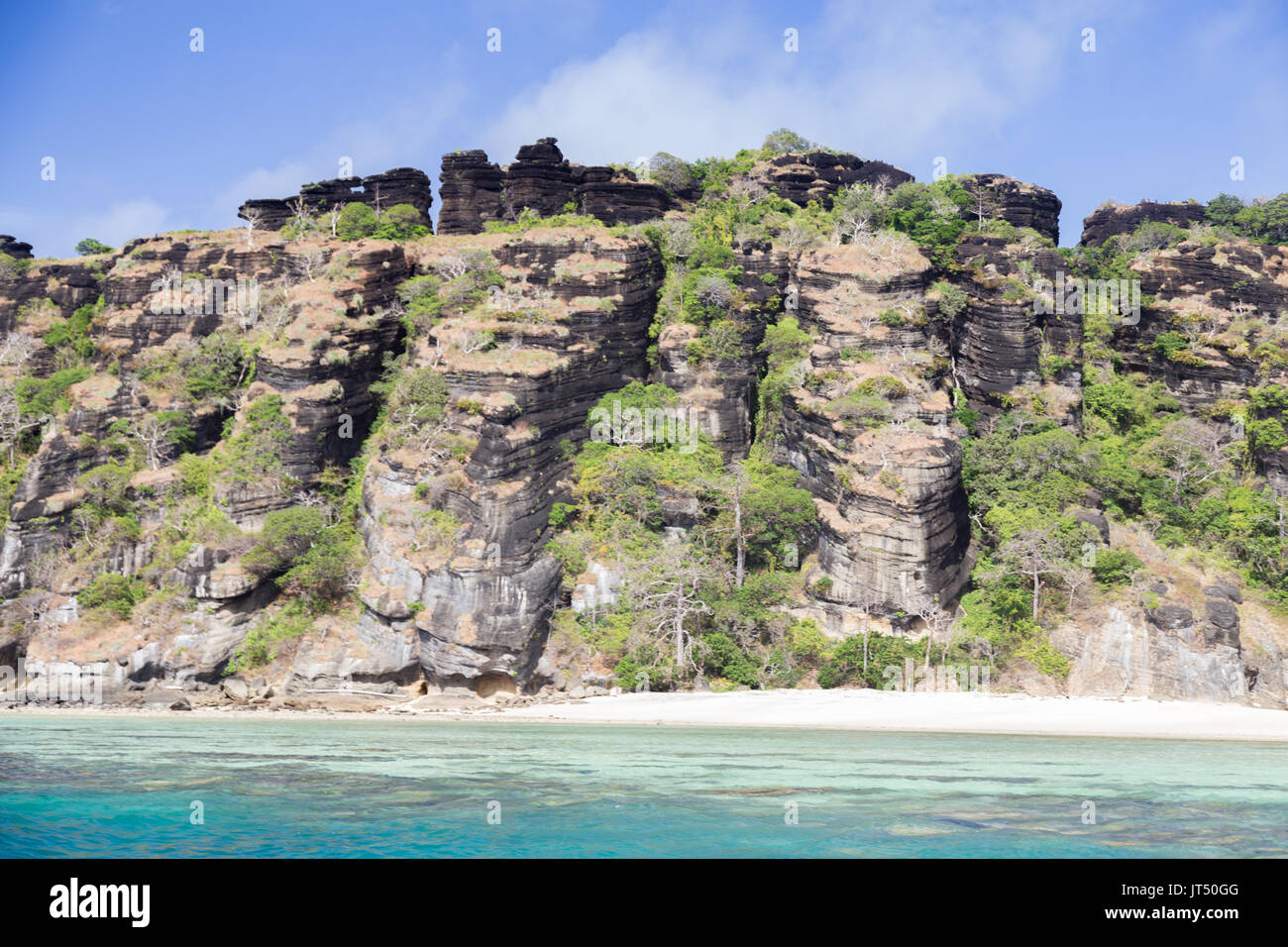 Waier Islet, next to Mer (Murrary) Island,  Torres Strati, and extinct heavily weathered volcanic rim Stock Photo