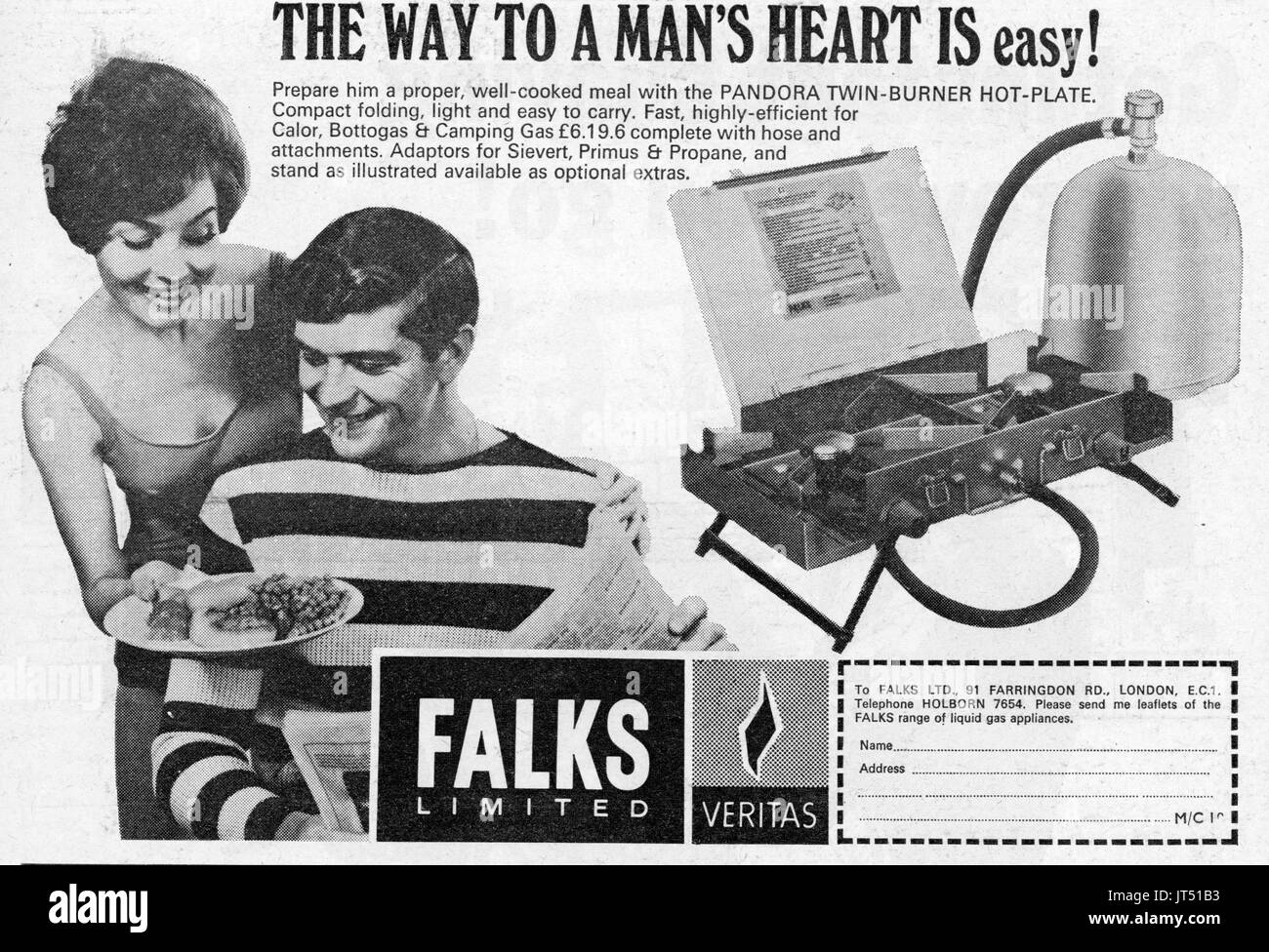 1967 Magazine advert for Falks Pandora Twin-burner Hot-plate camping gas stove Stock Photo