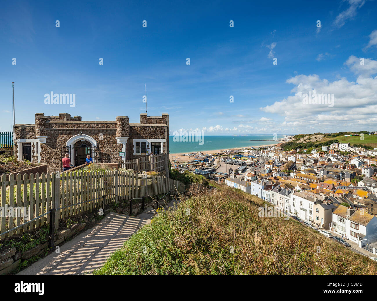East Hill lift overlooking Hastings. Stock Photo