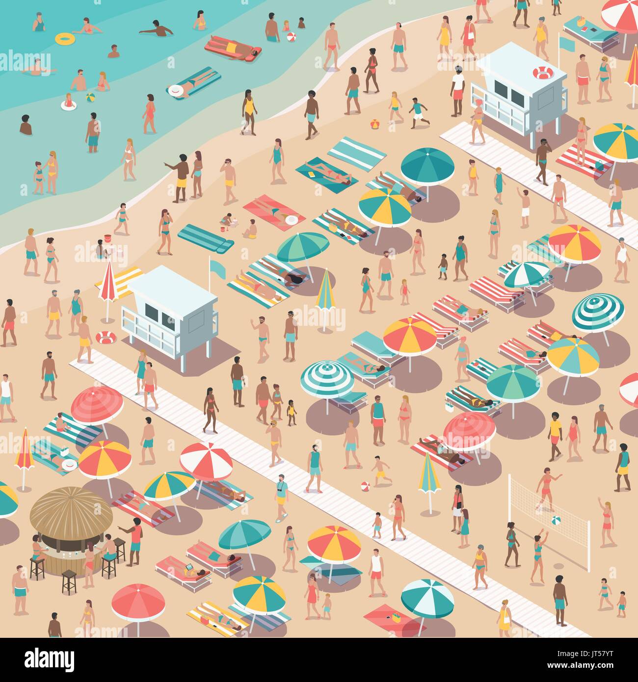 Crowded colorful beach with people, beach umbrellas and sunbeds, summer vacations and tourism concept, aerial view Stock Vector