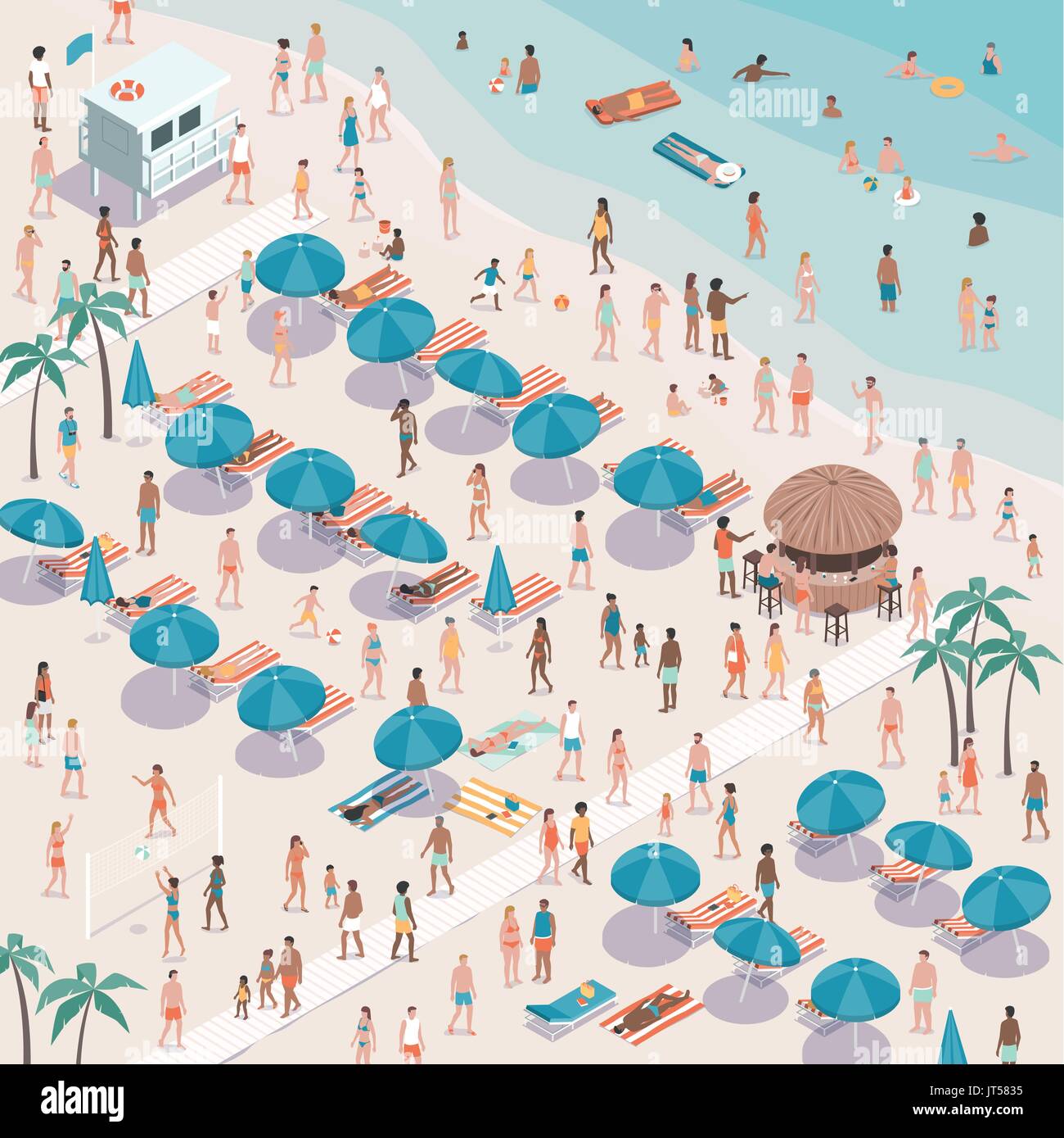 Luxury tropical beach with people, beach umbrellas and sunbeds, summer vacations and tourism concept, aerial view Stock Vector