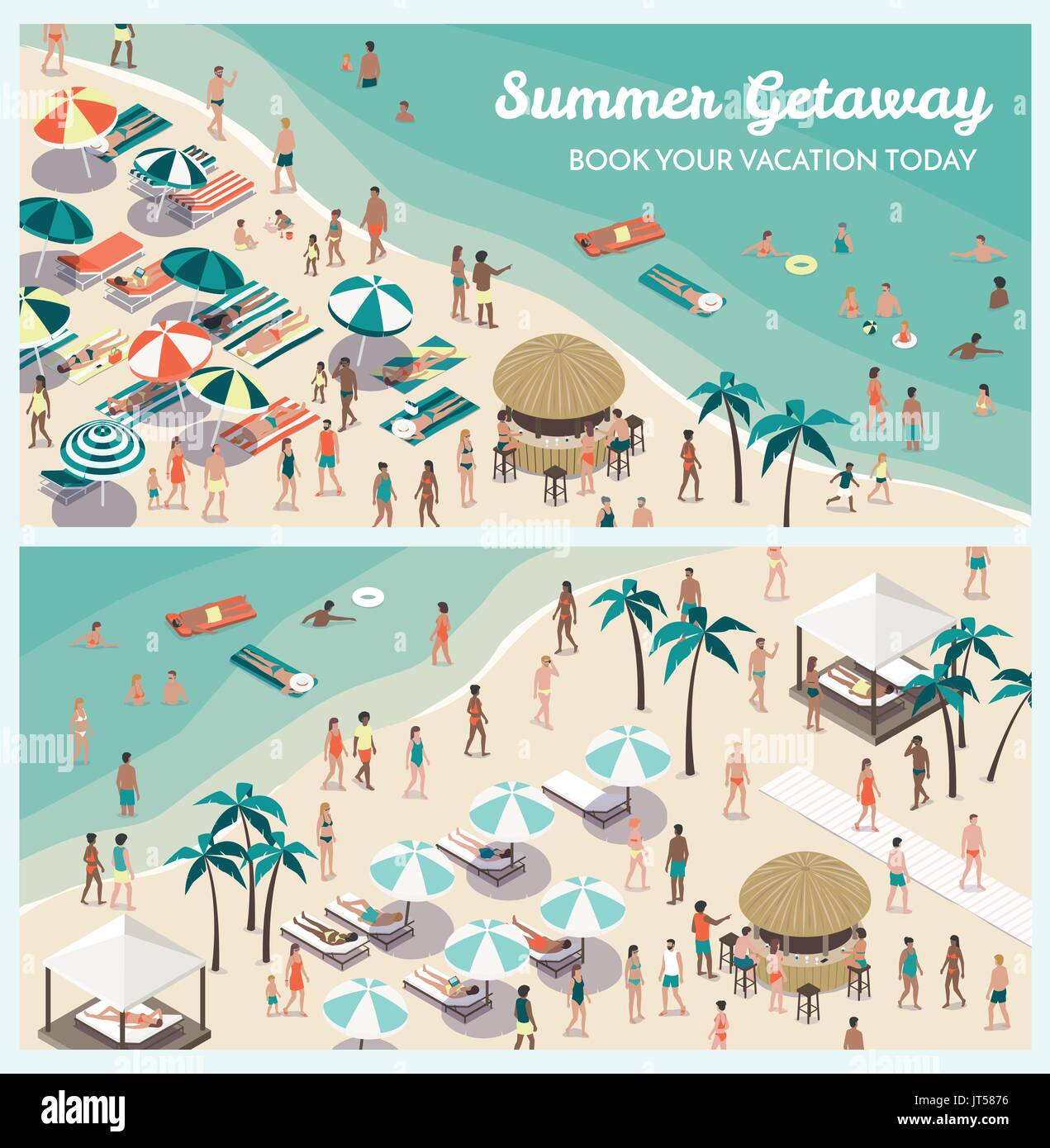 Crowded tropical beach resort banner set with people, beach umbrellas and sunbeds, vacations and travel concept, aerial view Stock Vector