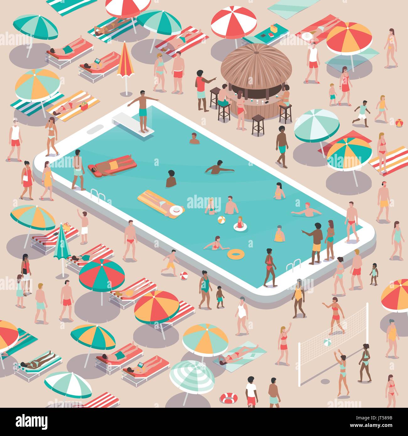 People relaxing at the beach resort and swimming in a smartphone pool, vacations and technology concept, aerial view Stock Vector