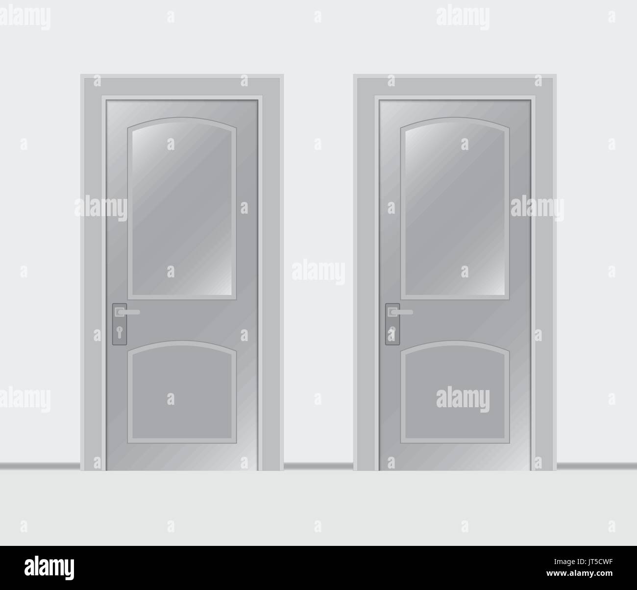 Two white closed doors isolated on white background. Realistic vector illustration. Stock Vector