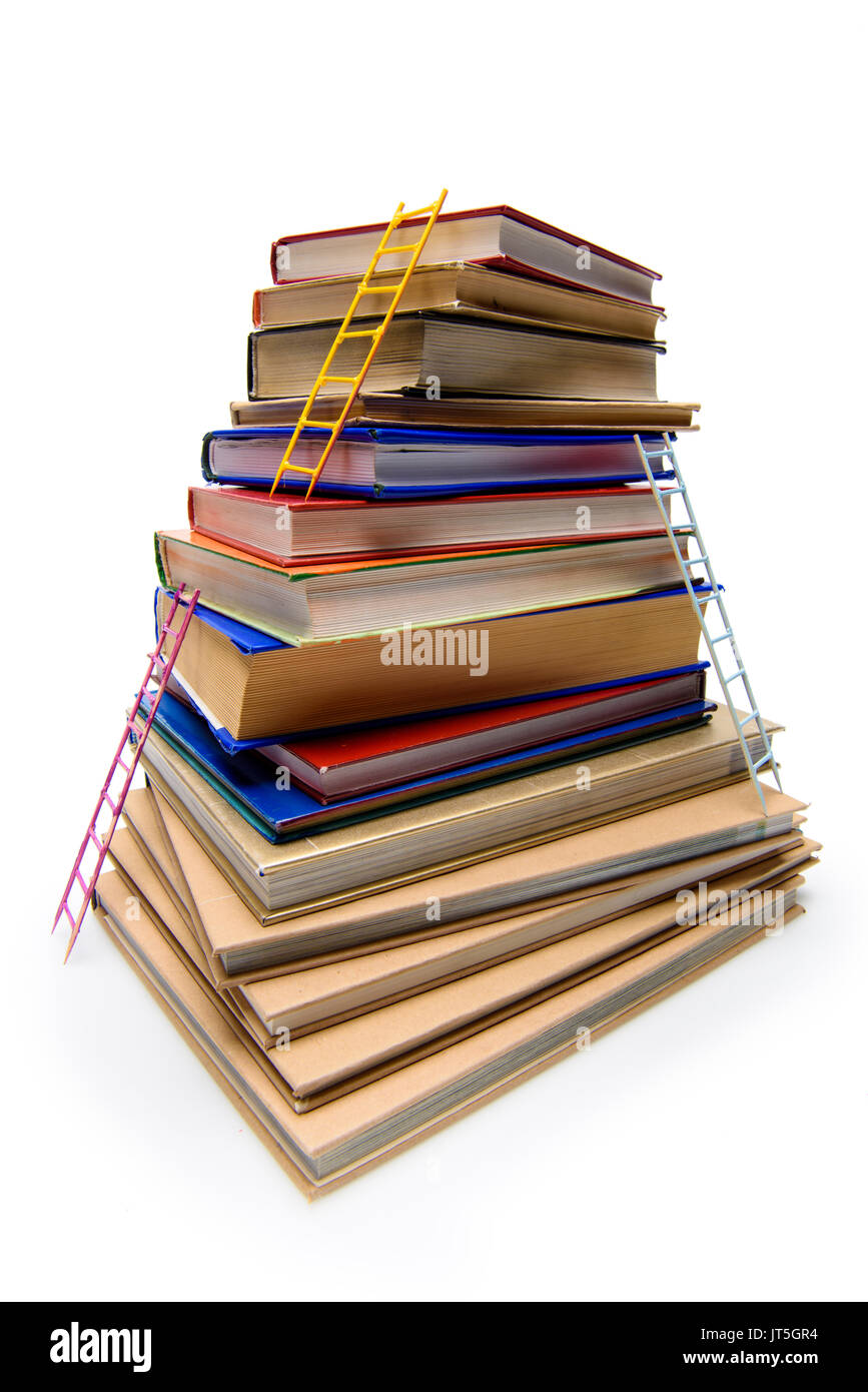 stack of books with ladders isolated on white, educational concept