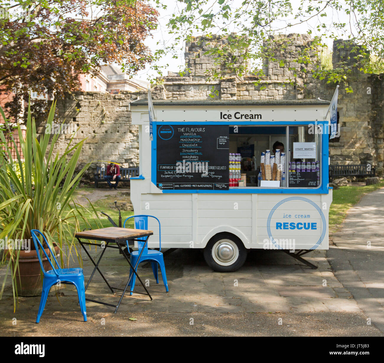 Blue and white mobile ice cream van 