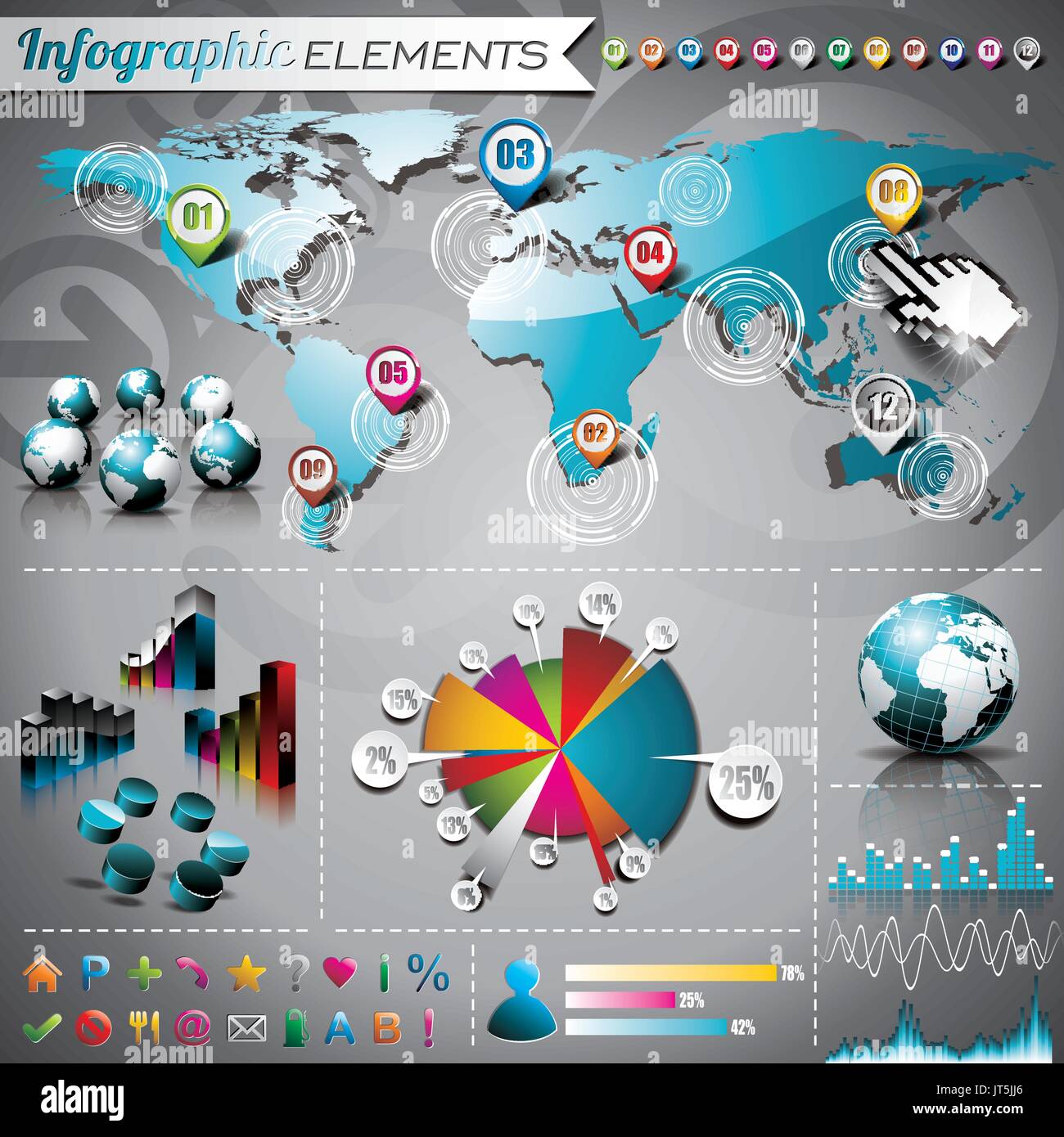 Vector design set of infographic elements. World map and information graphics. Stock Vector