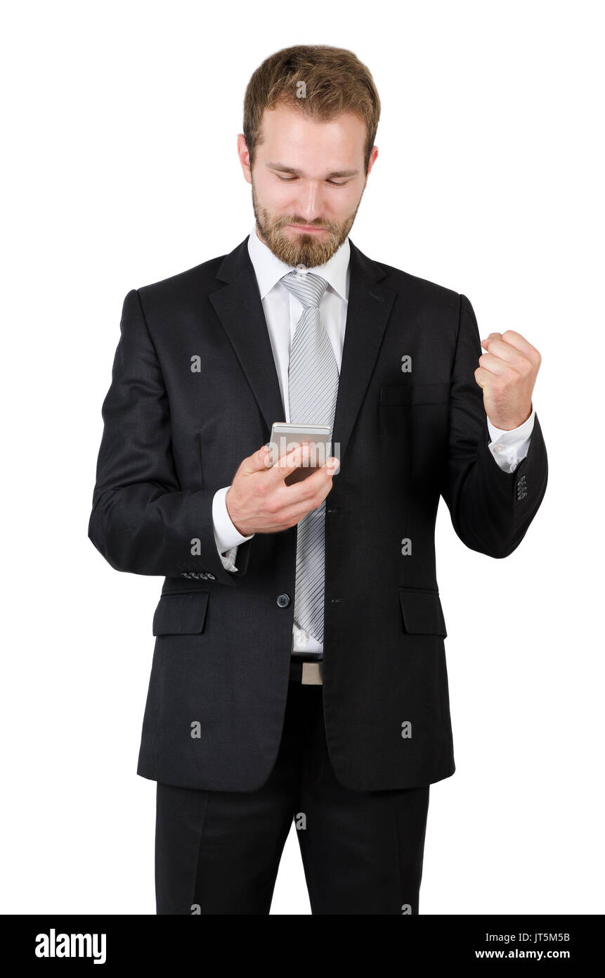 Portrait of a happy businessman with a clenched fist. Good positive news information message concept Stock Photo