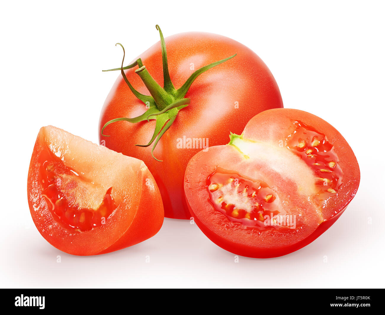 Whole fresh red tomato with green leaf, half and slice isolated on ...