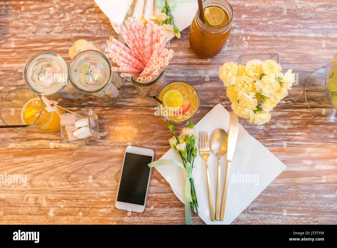 dinner dining table top view prepare for party Stock Photo