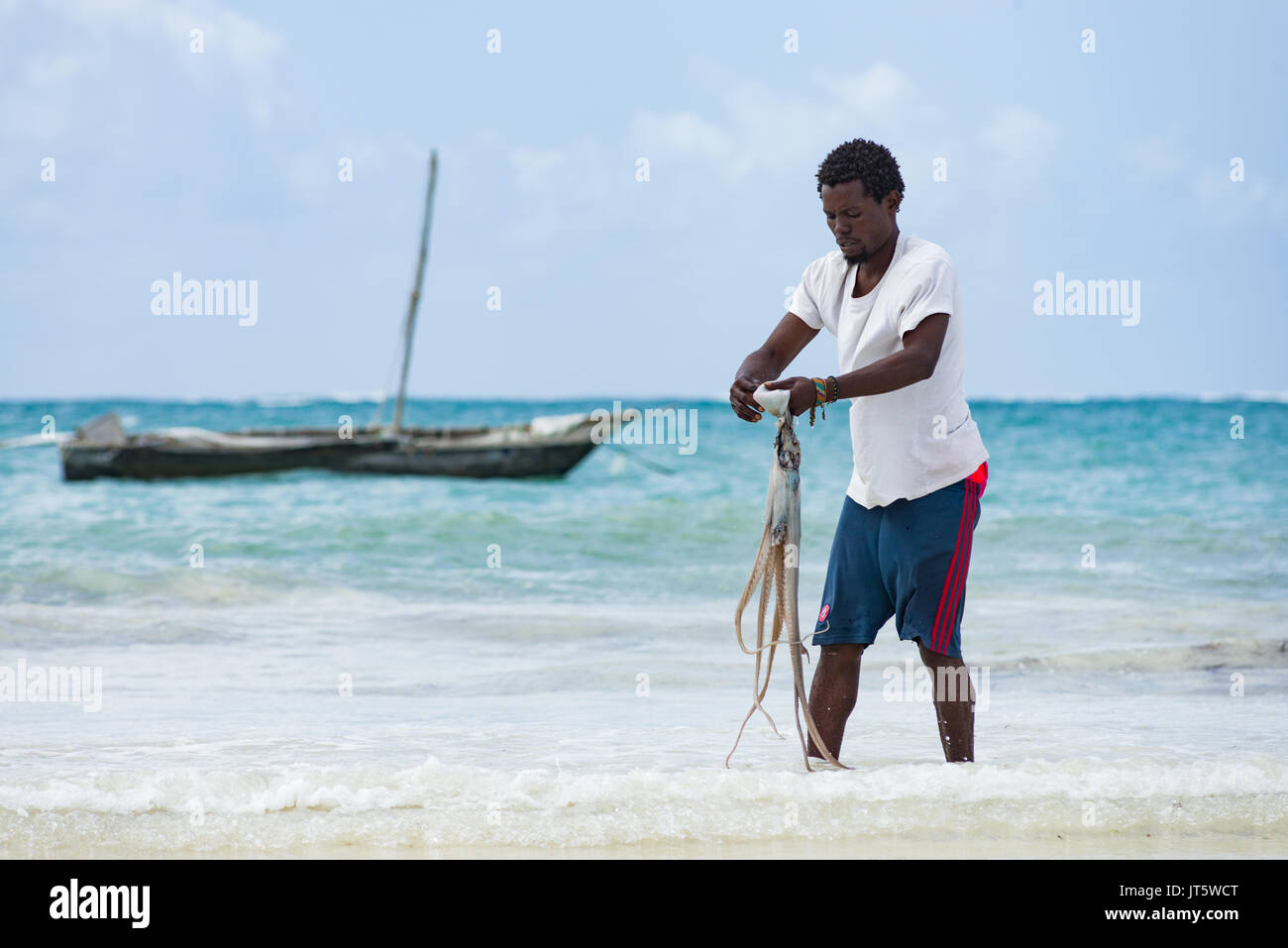 Fisherman washes caught octopus in sea water by shoreline beach, Diani, Kenya Stock Photo