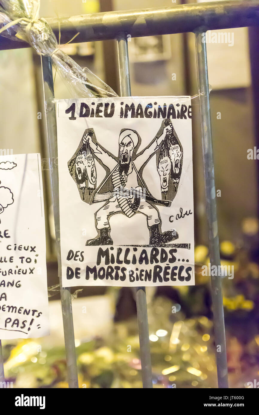 one imaginary god millions of real dead, 1 dieu imaginaire des milliards de mort Homage at the victims of the terrorist attack in Paris november 2015. Stock Photo