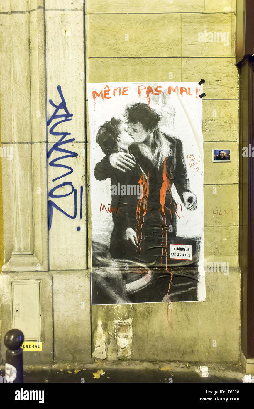 blood on the baiser de doisneau, that didn't even hurt . Homage at the victims of the terrorist attacks in Paris the 13th of november 2015. Stock Photo