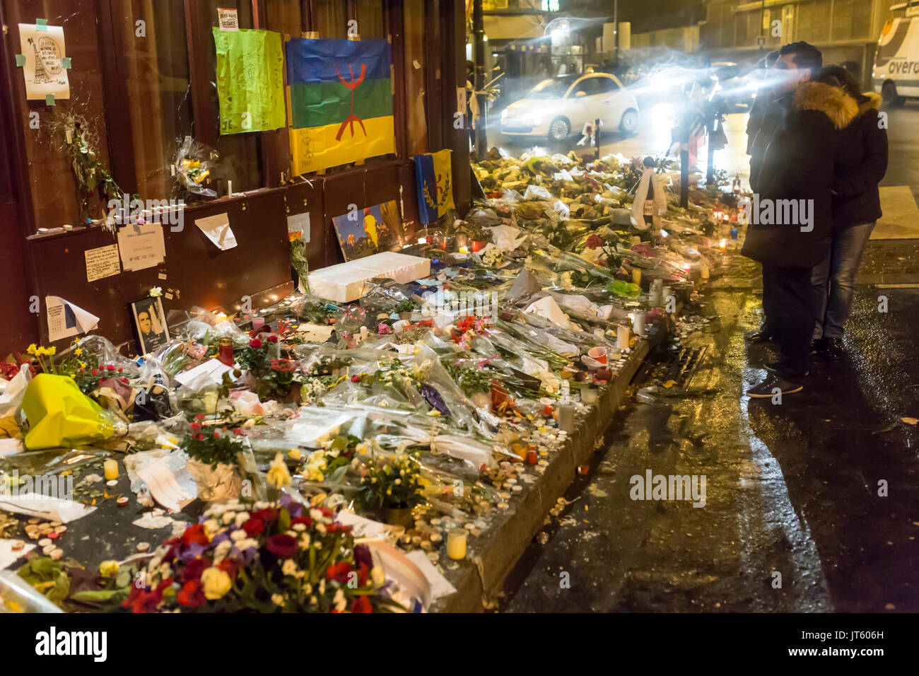 amazigh flag at the petit cambodge. Spontaneous homage at the victims of the terrorist attacks in Paris the 13th of november 2015. Stock Photo
