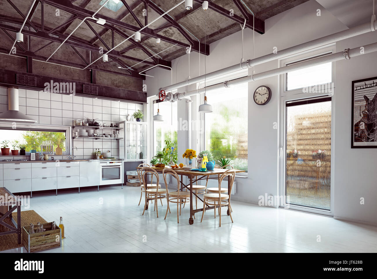 modern loft kitchen interior. 3d rendering concept Stock Photo - Alamy