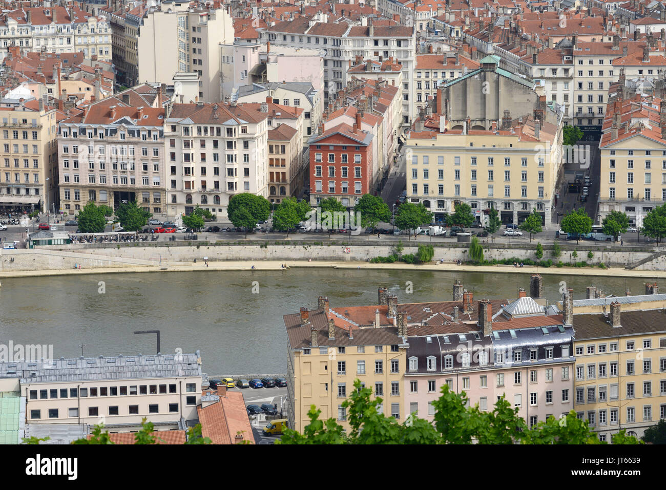 Lyon (south-eastern France): real estate, buildings along the Quais de Saone walkway. Building facades along the 'quai des Celestin' walkway, by the R Stock Photo