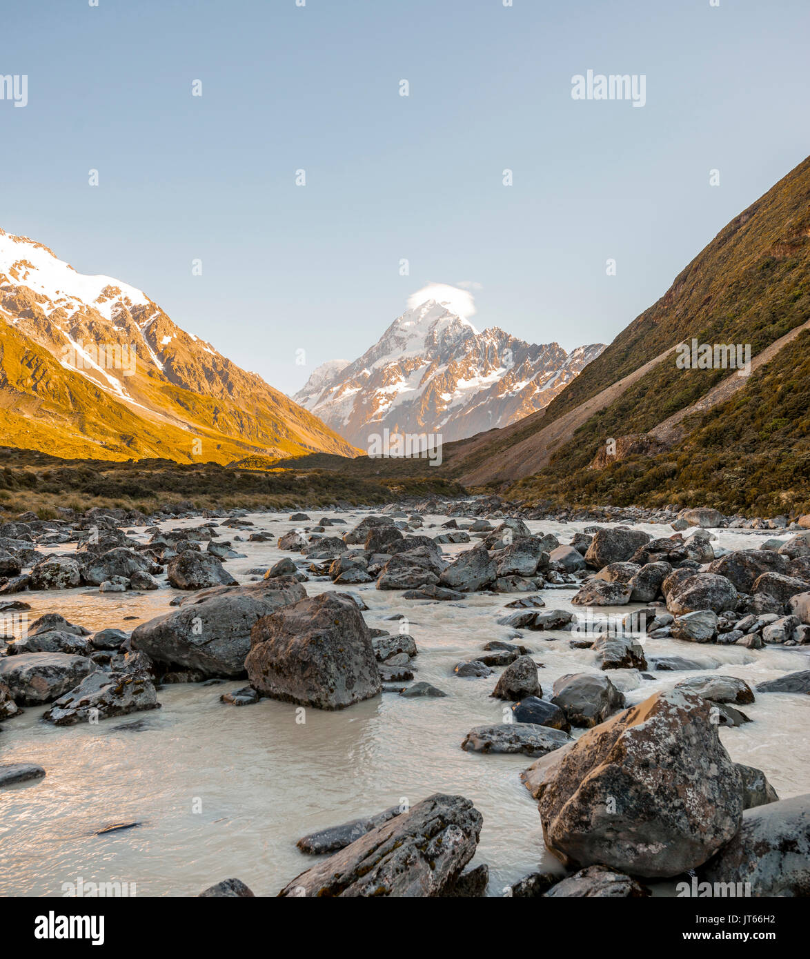 Sunrise, Hooker River, Mount Cook, Mount Cook National Park, Southern Alps, Hooker Valley, Canterbury, South Island, New Zealand Stock Photo