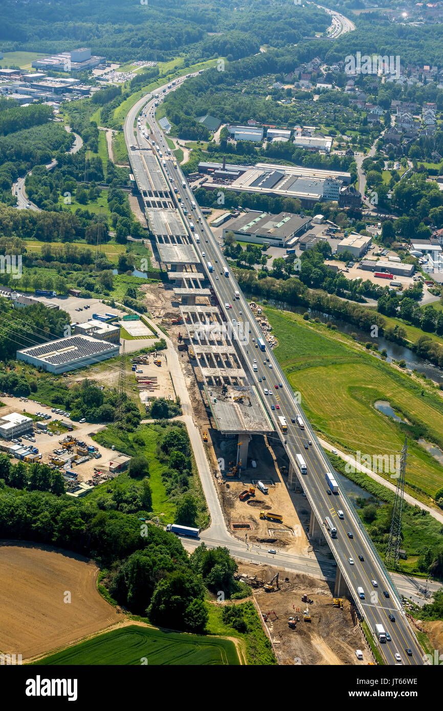 Construction site, demolition and new construction of the Lenntal bridge, Sauerlandlinie, highway A45, aerial photo, Hagen Stock Photo