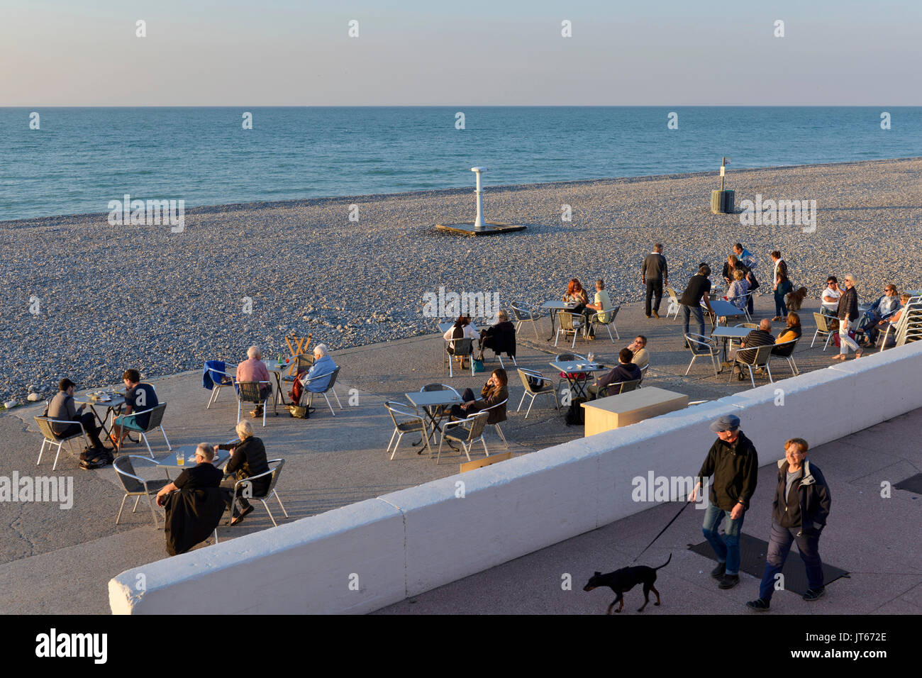 Dieppe (northern France): cafe terraces along the waterfront facing the pebble beach Stock Photo