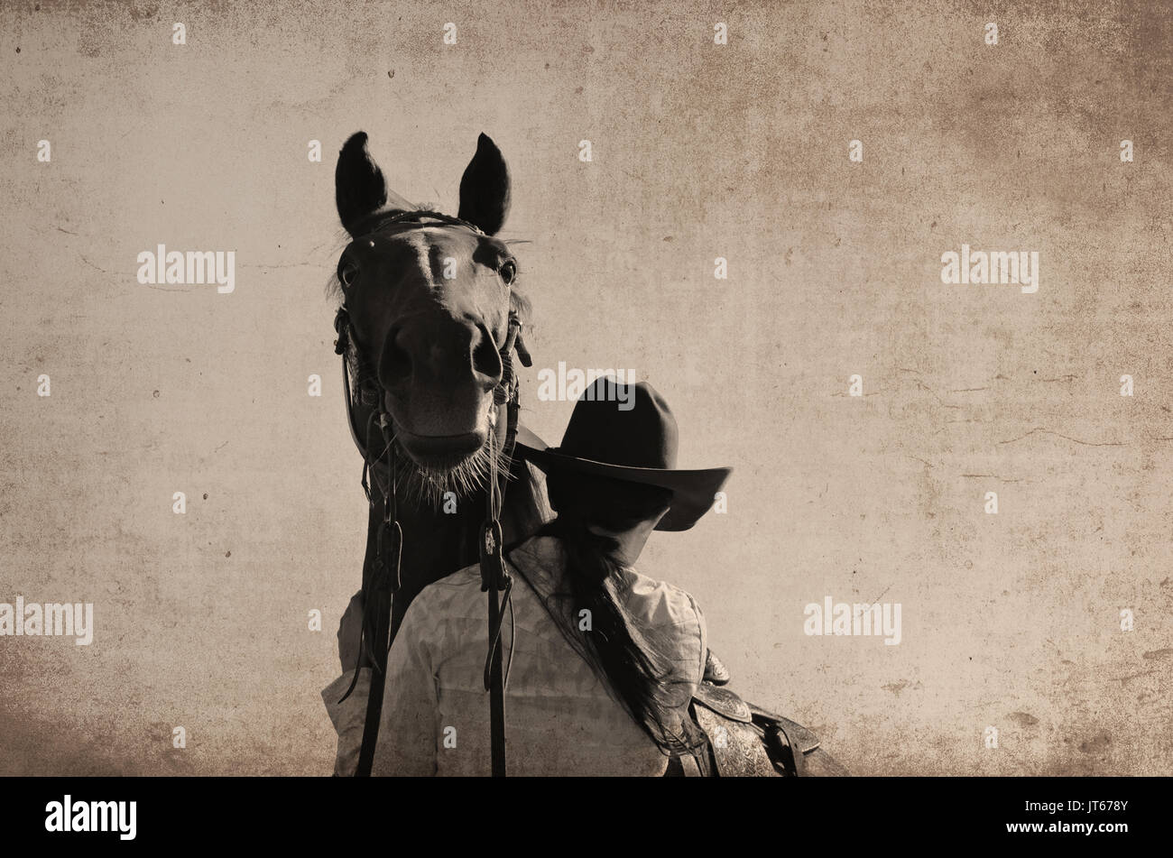 Country girl in cowboy hat with cute horse looking over her shoulder,  western ranch image to represent the rustic cowgirl lifestyle. Great for  print Stock Photo - Alamy, image size:1300x951
