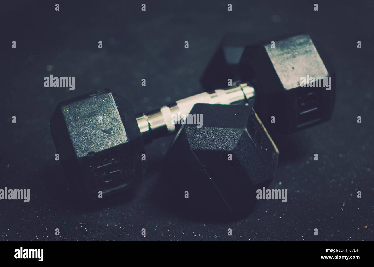 Black rubber and steel dumbbell weights used for exercise training at