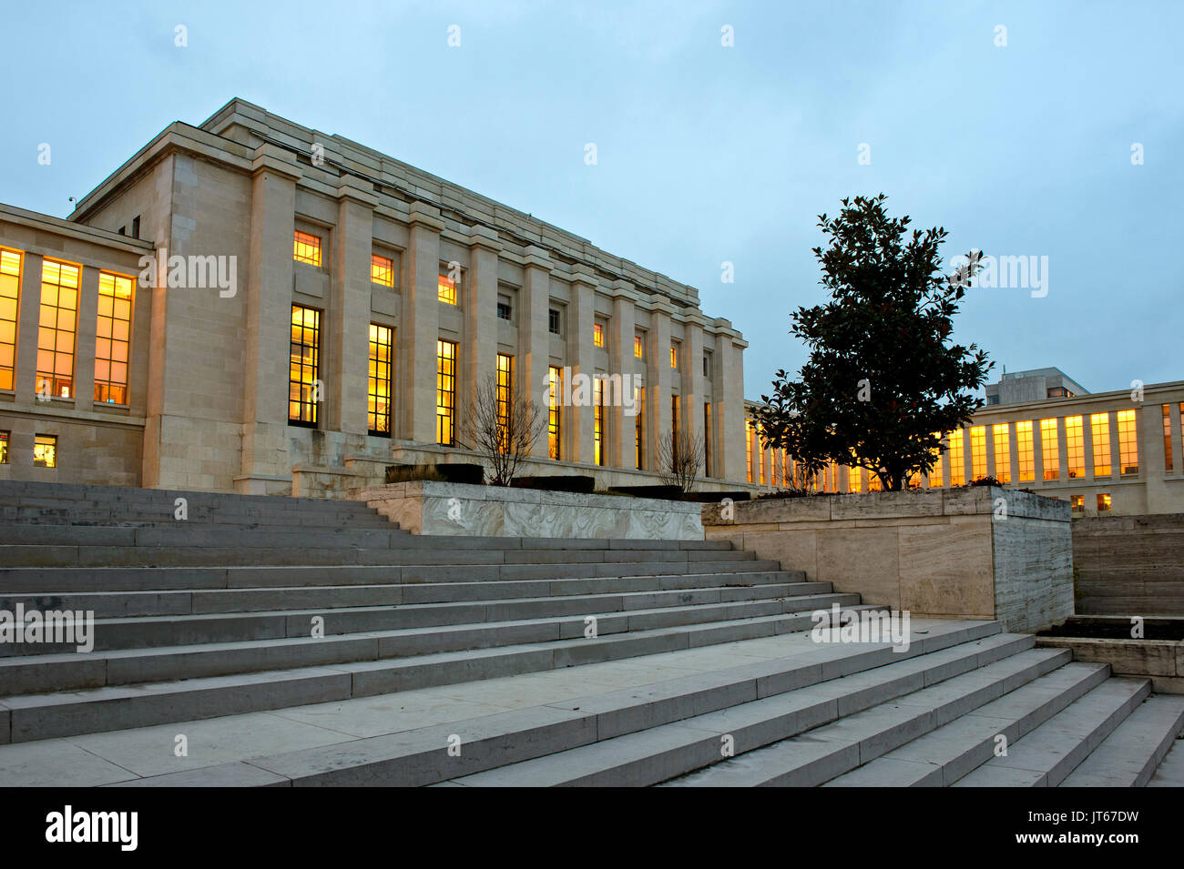 Switzerland, Geneva: outer view of the Palace of Nations, home of the United Nations Office, in the Ariana Park. Stock Photo