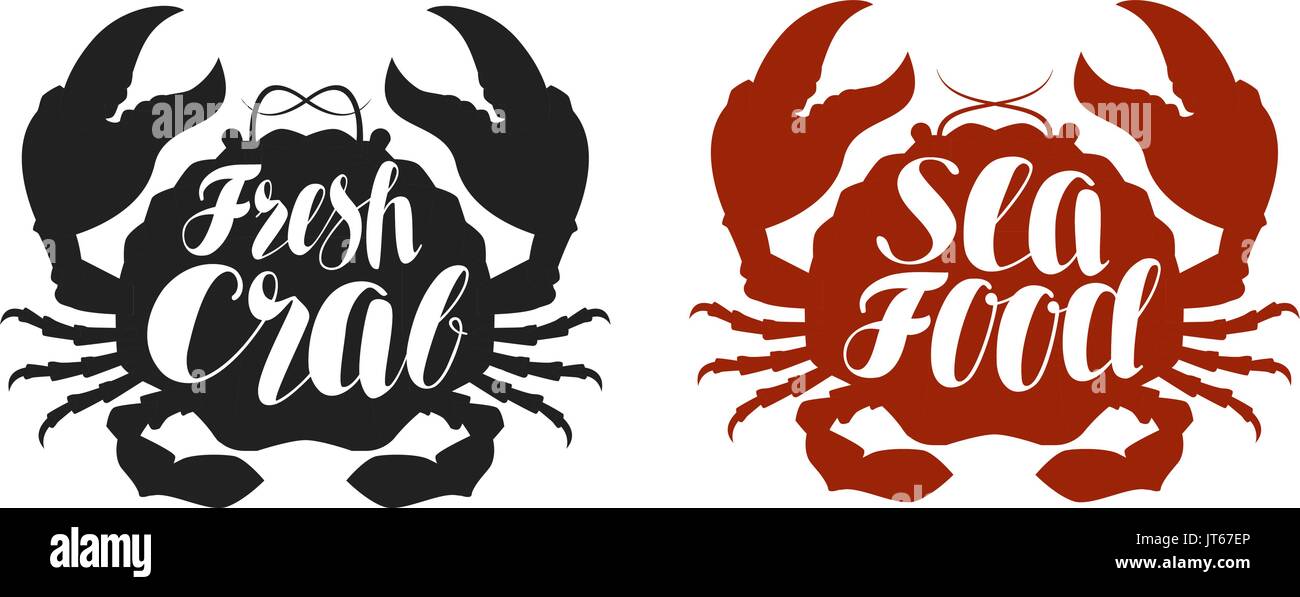 Crab logo or label. Food, seafood icon. Lettering, calligraphy vector